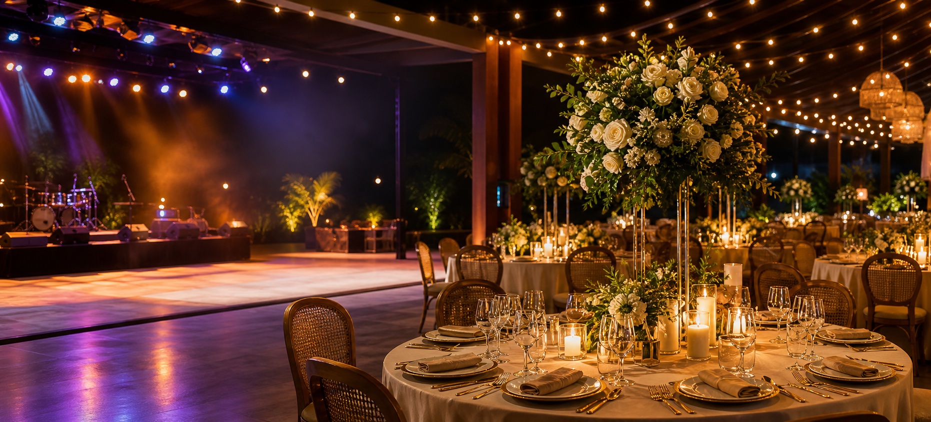 Montaje elegante de evento con mesas decoradas y luces cálidas