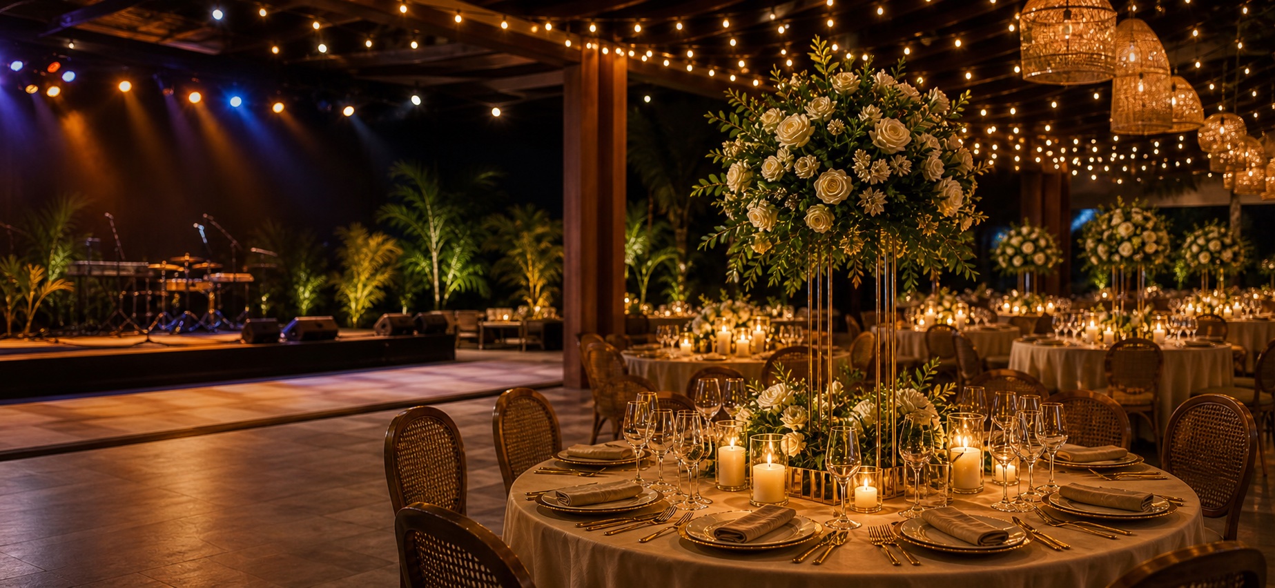 Celebración social con decoración elegante y ambiente cálido
