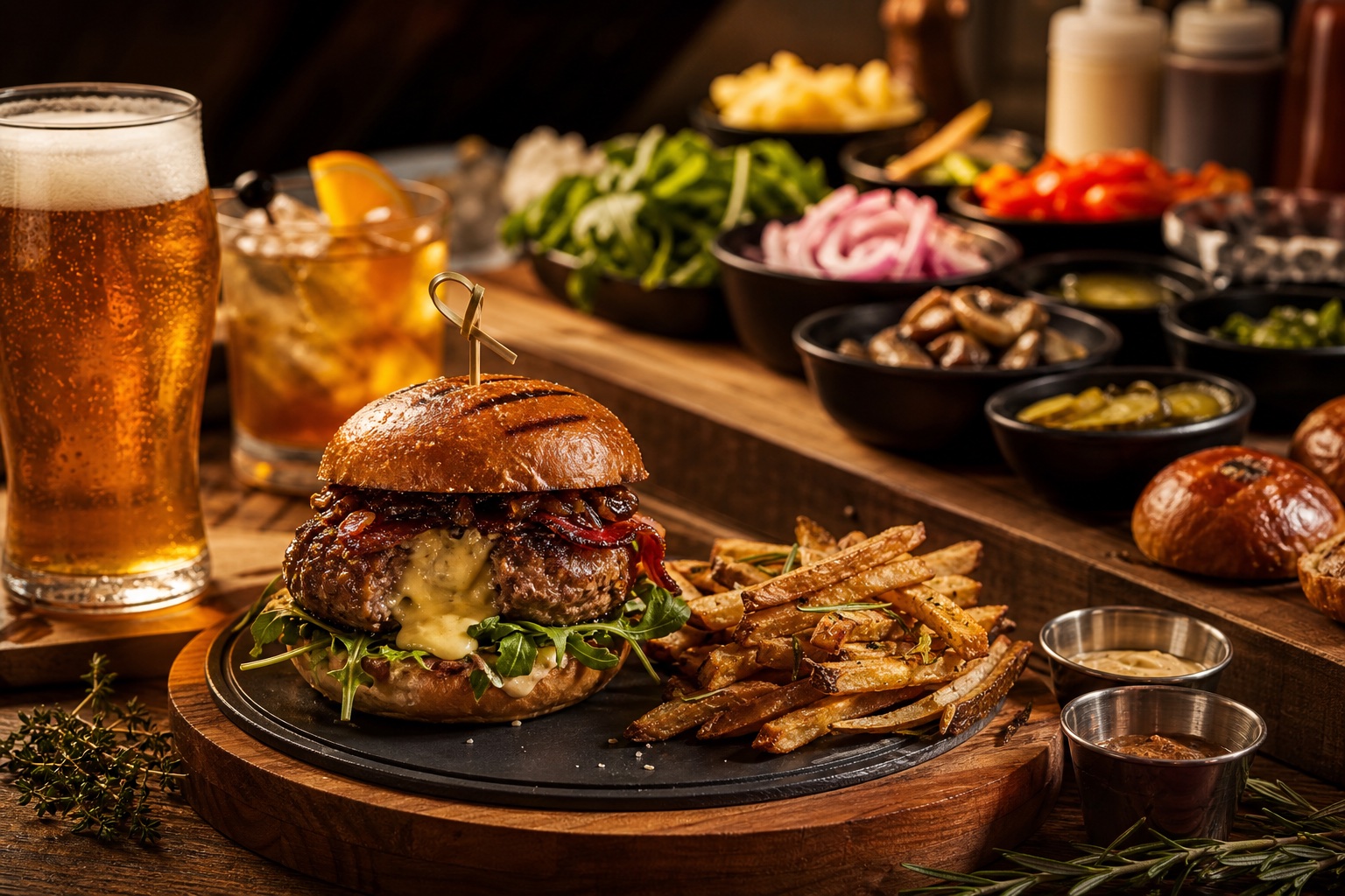 Experiencia de hamburguesas gourmet con toppings premium y papas artesanales