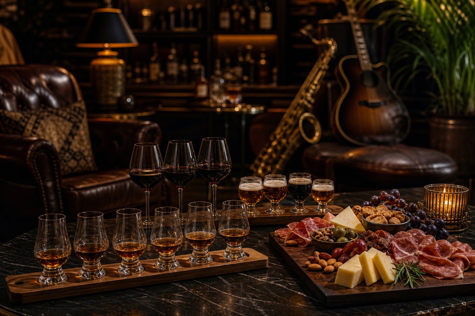 Lounge masculino con destilados, cerveza artesanal, quesos y charcutería