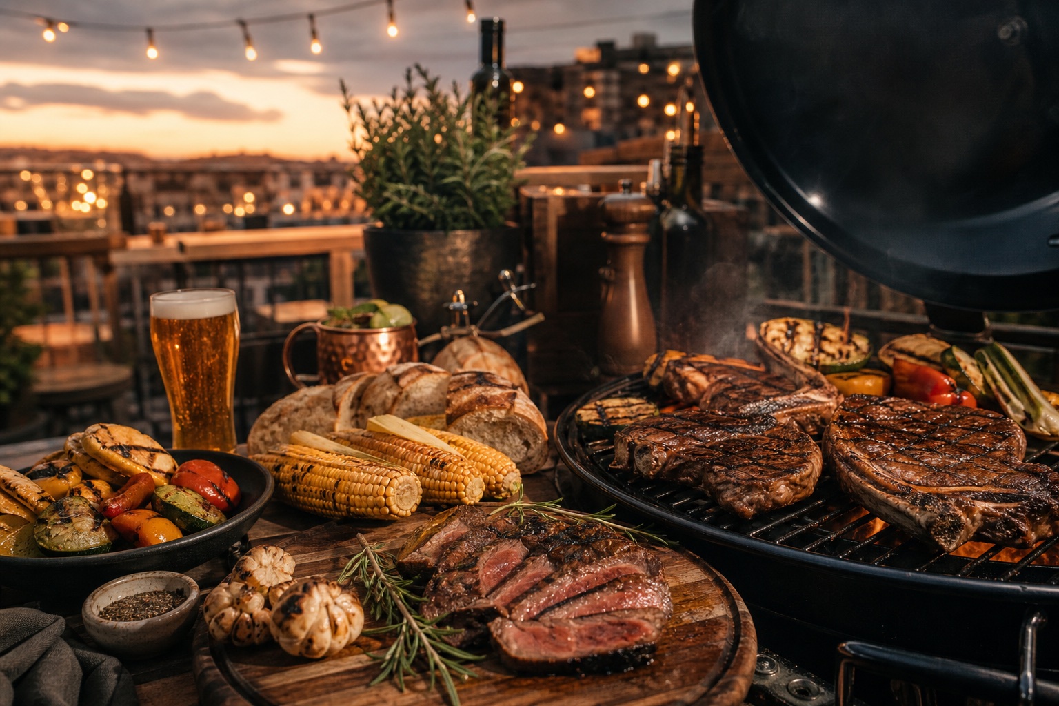 Parrilla con cortes de carne, mazorcas, vegetales y cerveza artesanal