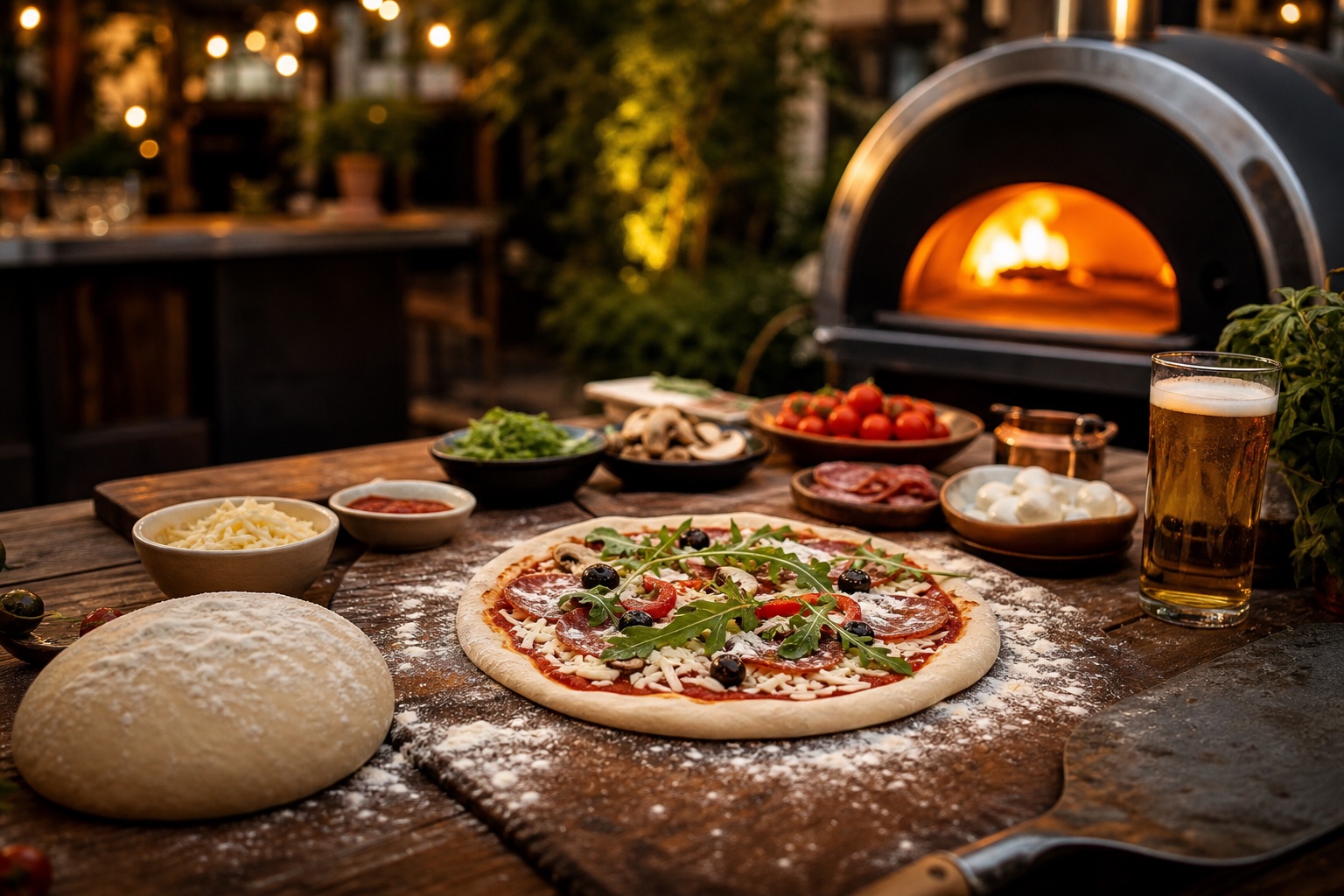 Taller de pizza artesanal con masa, ingredientes premium y cerveza artesanal